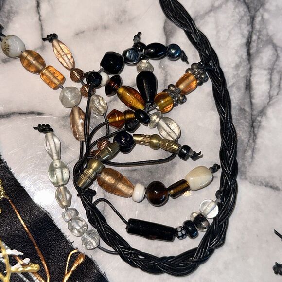 NEW Handmade GENUINE ITALIAN LEATHER Belt Sash Black Gold Silver Beaded OSFA - Picture 2 of 8